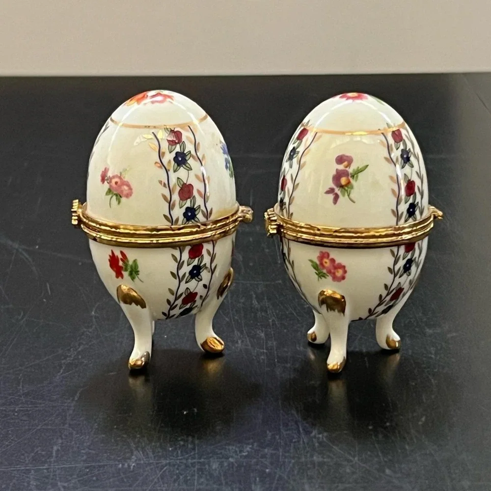 Trinket Box White Floral Gold Trim Hinged Footed Egg Set of 2 Small